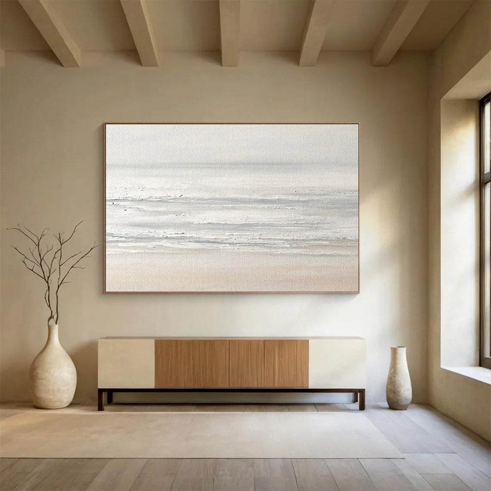 “Minimalist Seaside”:Subtle Gray White Coastal Painting On Canvas DKH258