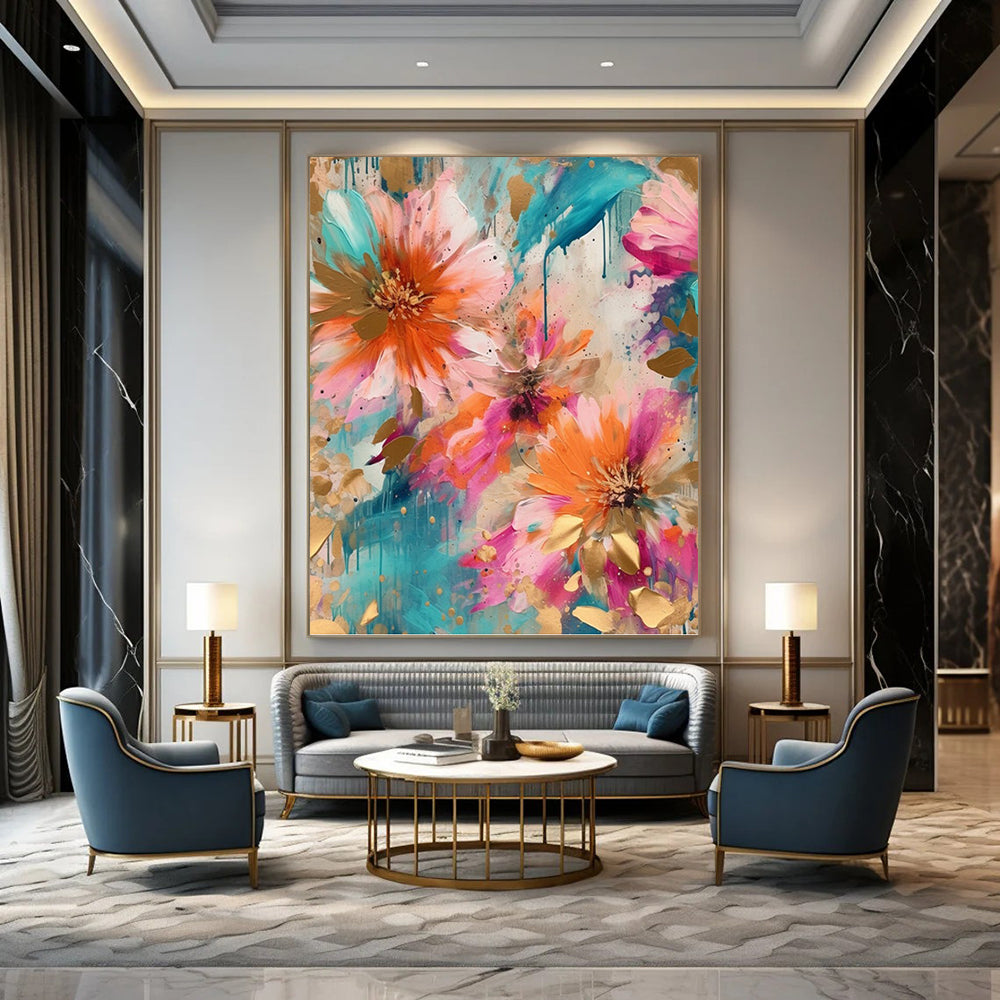 “Teal & Gold Floral Splash with Drips” - Modern Abstract Flower Painting On Canvas DKH1598