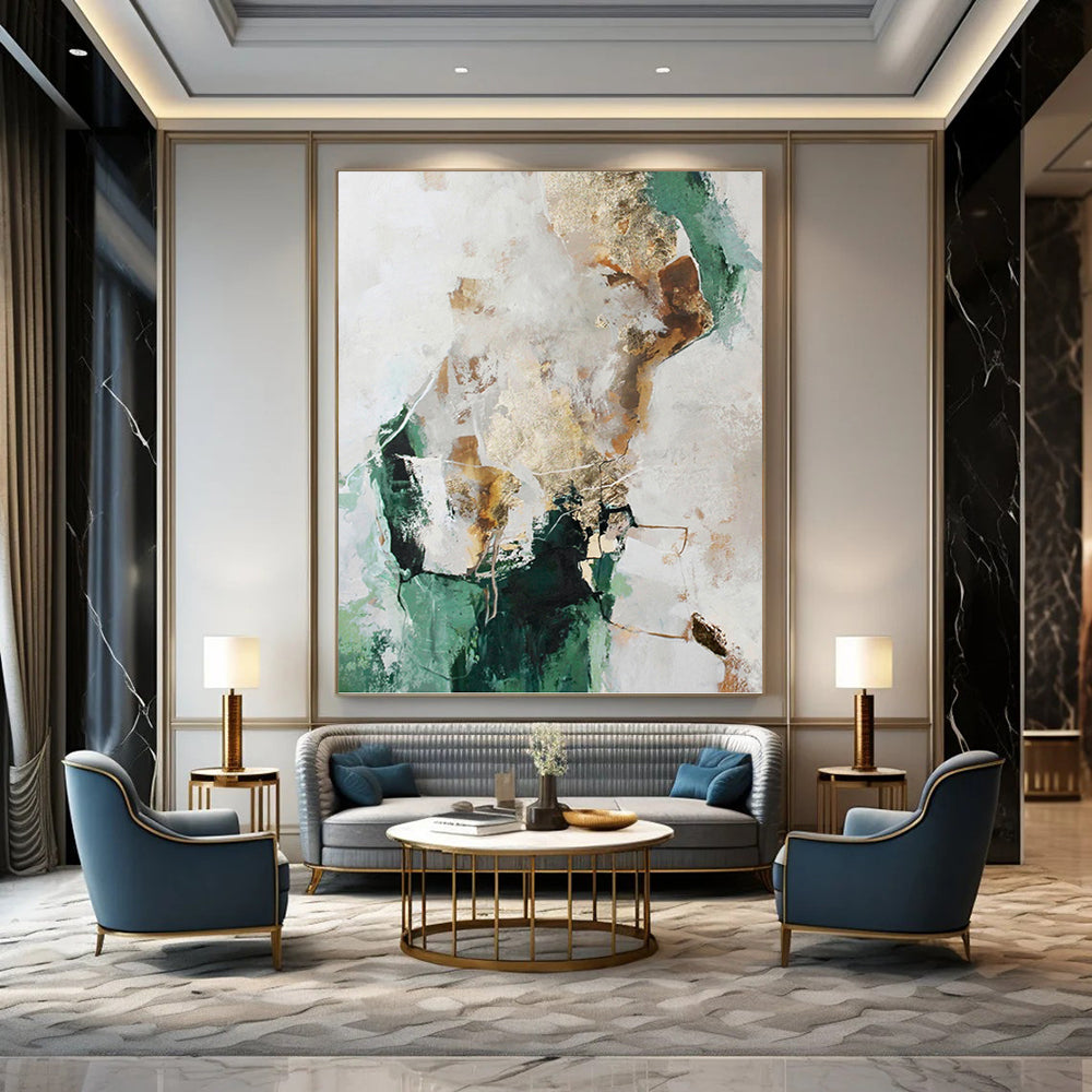 “Green, Gold & White Abstract” - Green, Gold & White Modernist Painting On Canvas DKH1008