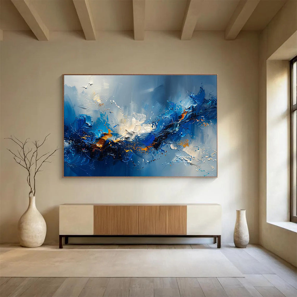 “Blue Surge” - Blue, White, Orange Abstract Action Painting On Canvas DKH704