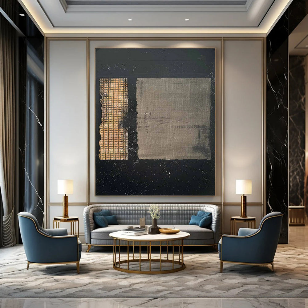 “Black - Gold - Gray Textured Abstract” - Black, Gold, Gray Mixed - Media Abstract Painting On Canvas DTP307