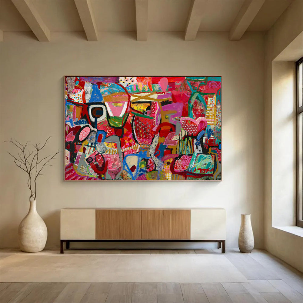 Pink - Dominant Abstract Shapes - Abstract Expressionist Painting On Canvas DLZ239