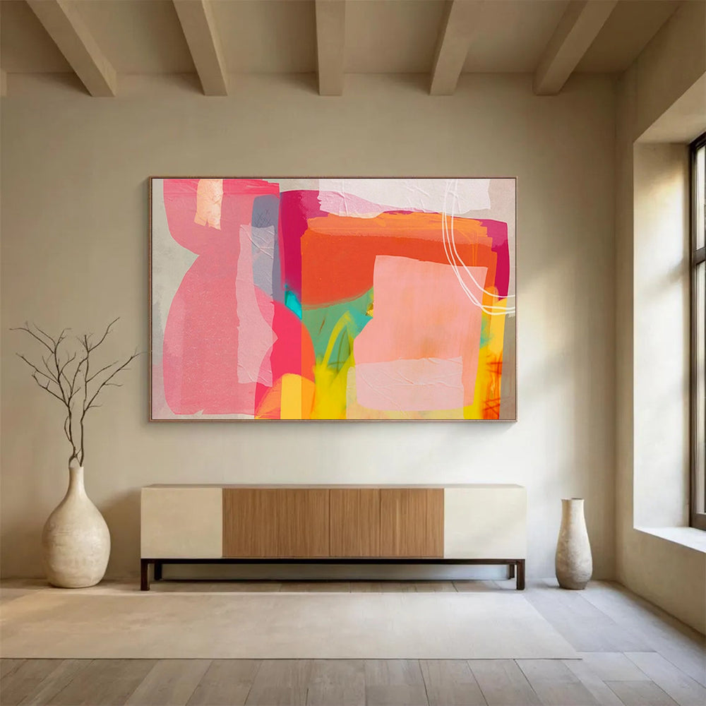 Color Blocked Dreams Pink Orange Green Abstract Shapes Painting On Canvas DKH201