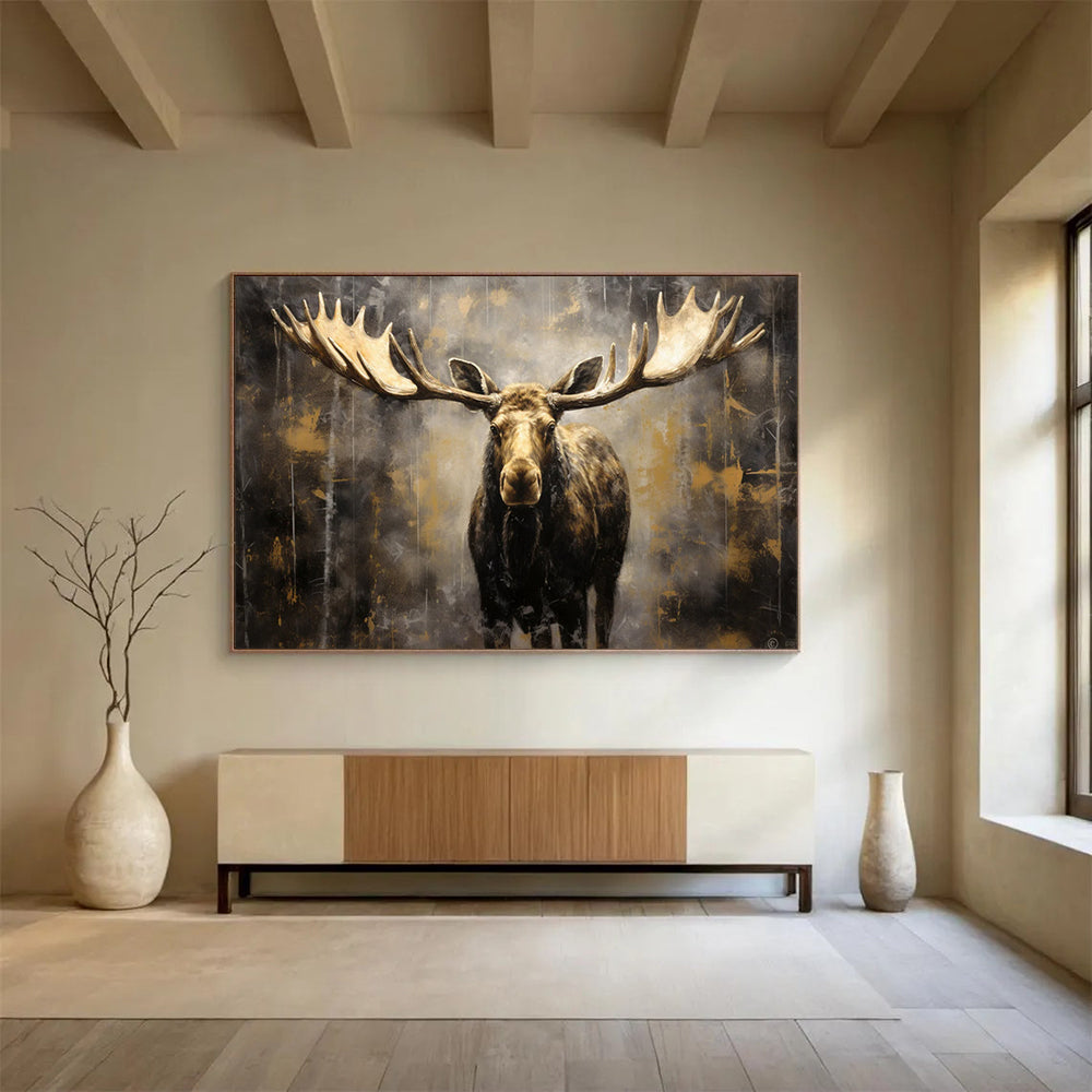 “Gilded Moose In A Dark Landscape” Animal Painting On Canvas DLZ079