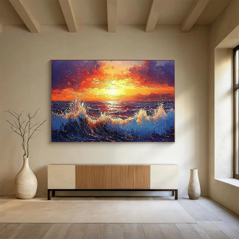 “Fiery Sunset Sea” Romanticism - inspired Seascape Painting On Canvas DLZ165