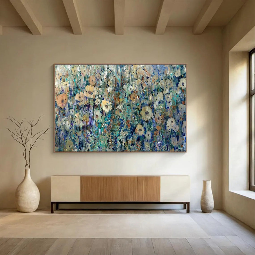 Impressionistic Wildflower Field - Blue, Green & Yellow Floral Painting On Canvas DKH897