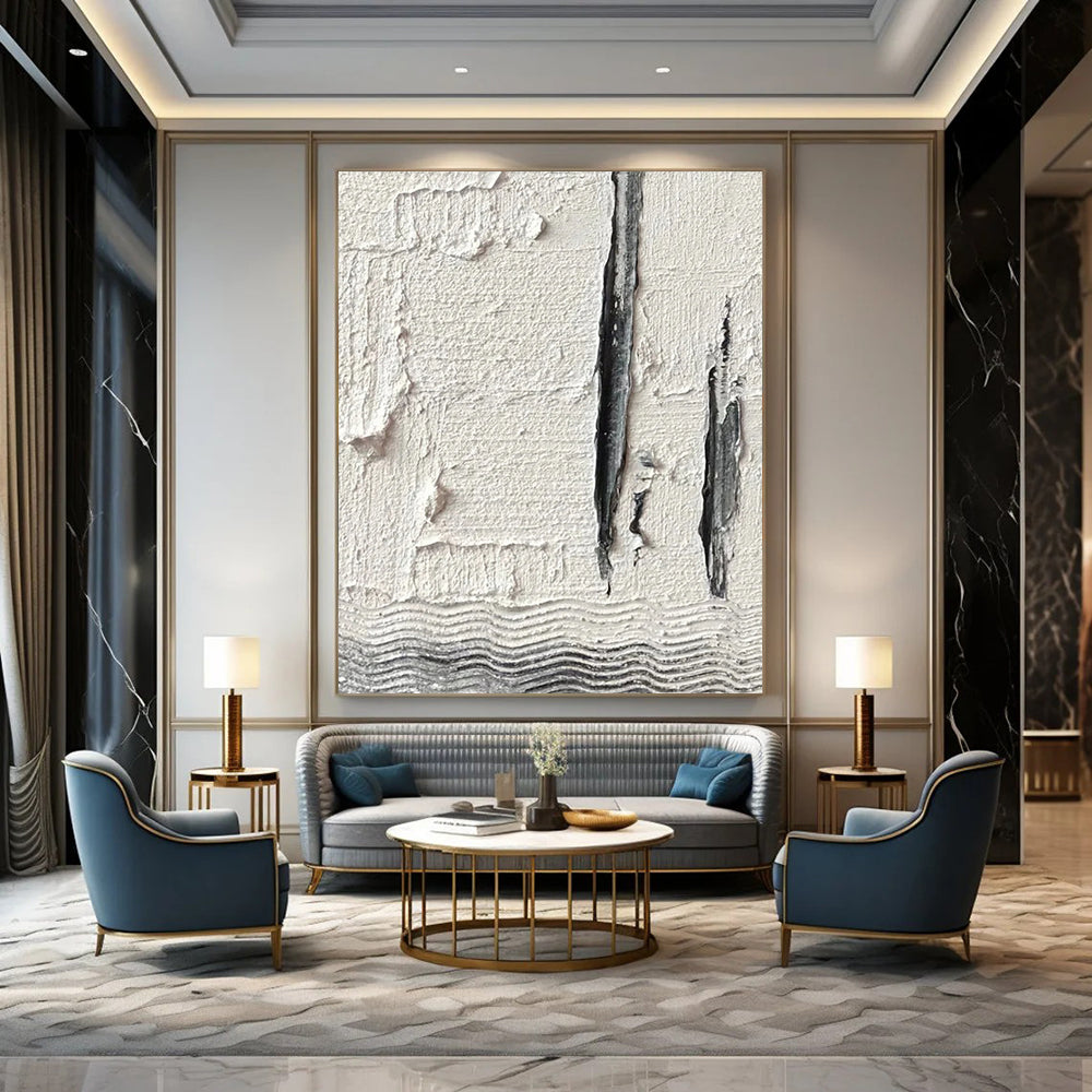 “White, Gray Textured Lines ‘Subtle Structure’” - Impasto Abstract Painting On Canvas DTP371