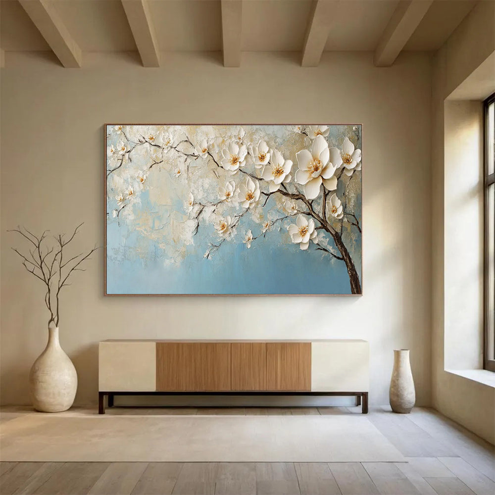 Textured White Blossoms on Blue Painting On Canvas DKH671