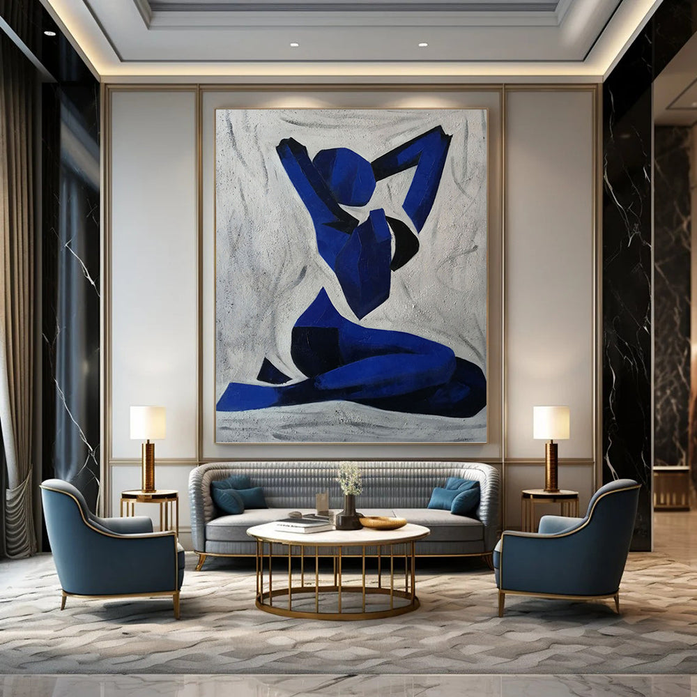 “Blue Figure” - Geometric Blue and Black Abstract Figure Painting On Canvas DKH1568