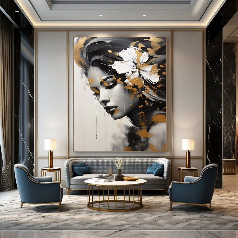 “Black, White, and Gold Portrait” – Impressionistic Oil Painting On Canvas CT2170