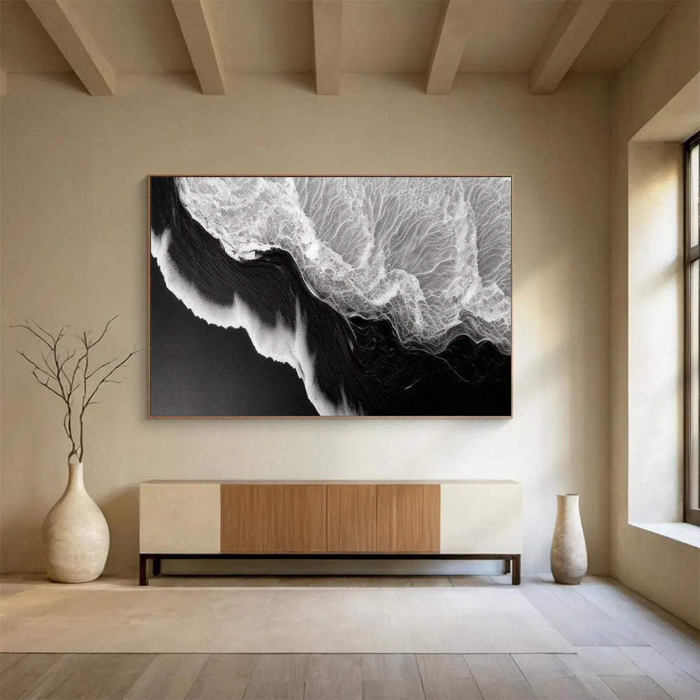 “Black - White Ocean Wave Abstraction” Abstract Seascape Painting On Canvas DLZ075