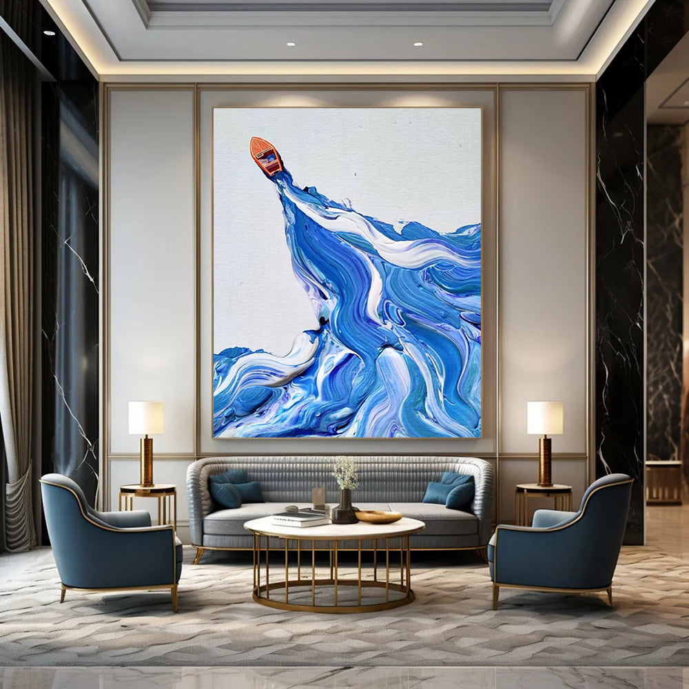 “Blue, White, Orange Boat ‘Ocean Voyage’” - Impasto Sea & Boat Painting On Canvas DTP321