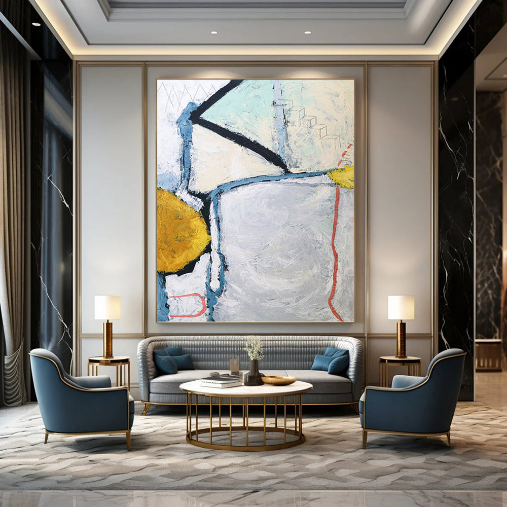 “Gray - Toned Abstract with Blue, Yellow, and Red Accents” - Dynamic Abstract Painting On Canvas DKH1105