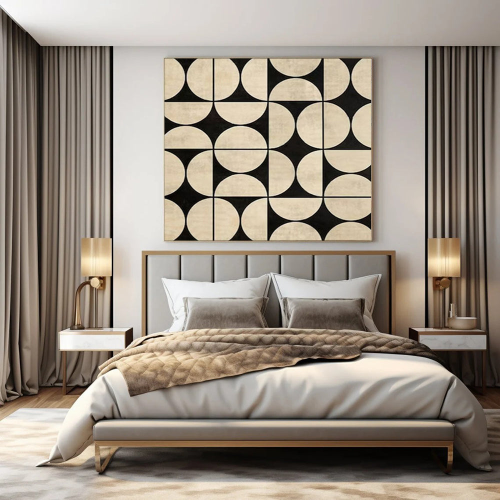 “Symmetrical Black - Beige Circles” – Abstract Geometric Pattern Painting CT1082