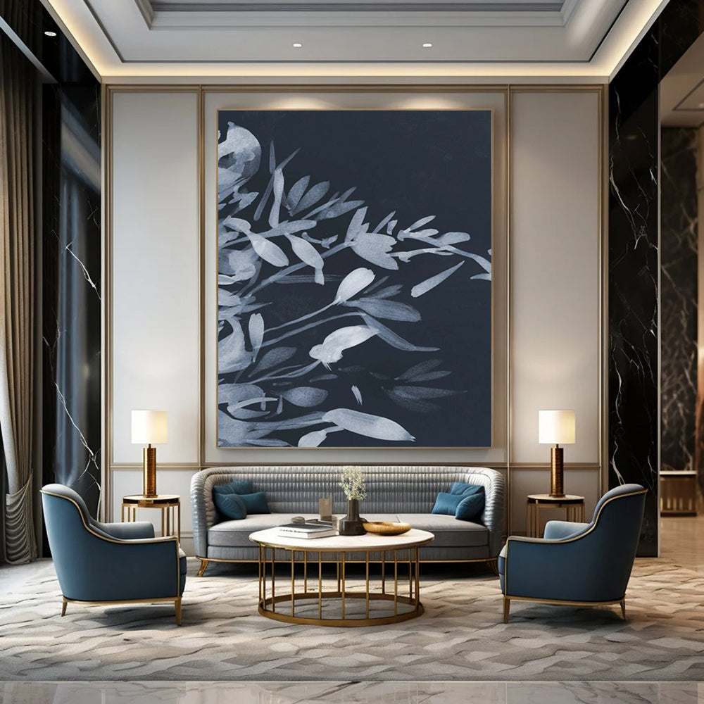“Monochrome Floral Silhouette” - Dark Blue, Light Blue Floral Painting On Canvas DTP239