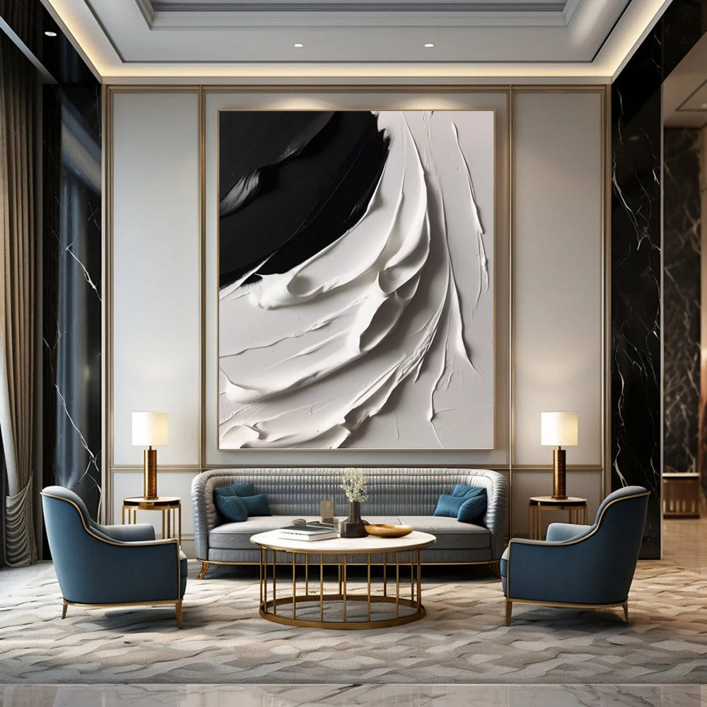 “Curved Black - White Layers” - Abstract Impasto Painting On Canvas DKH1670