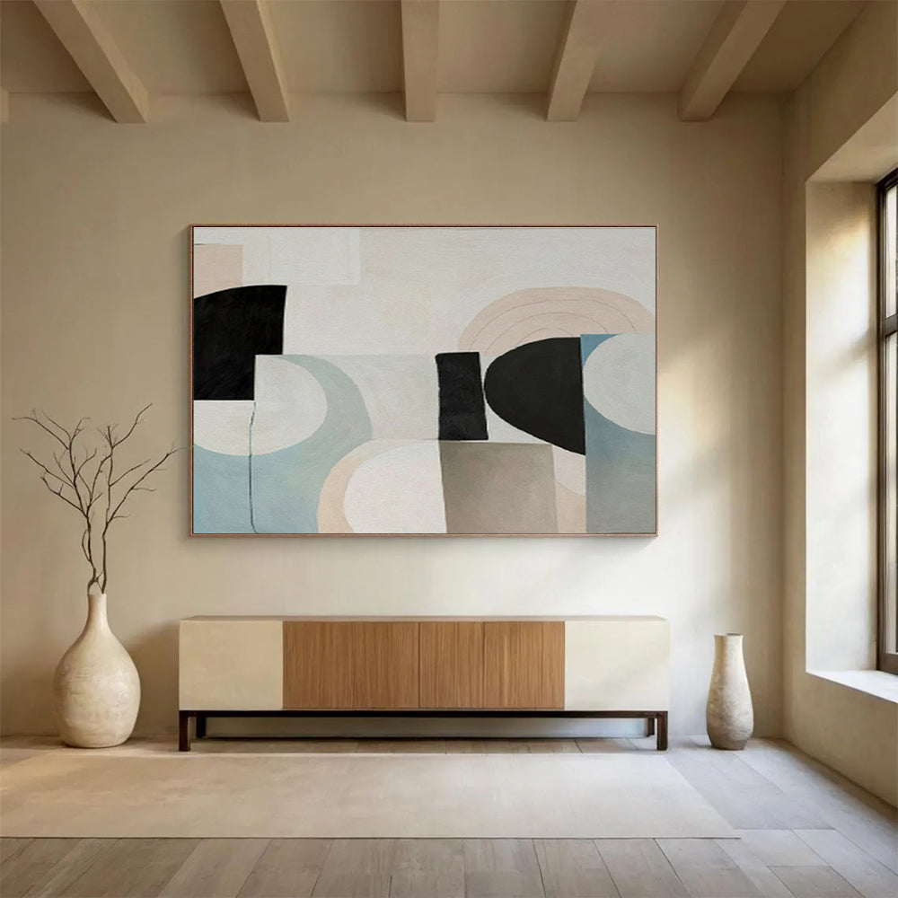 Pastel Geometric Harmony with Beige, Blue, and Black, Abstract Mid - Century - Style Painting On Canvas DKH583