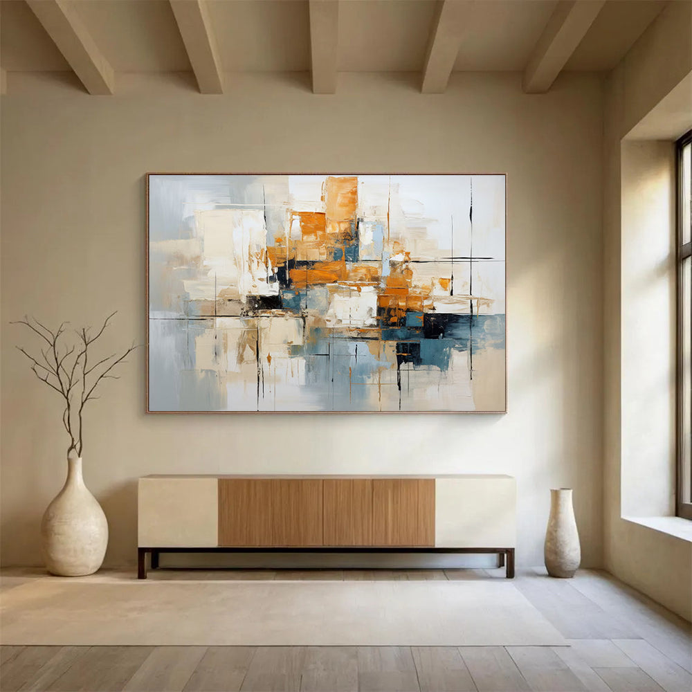 “Blue, Orange, Gray Urban ‘Metro Melody’” - Abstract Cityscape Painting On Canvas DLZ006