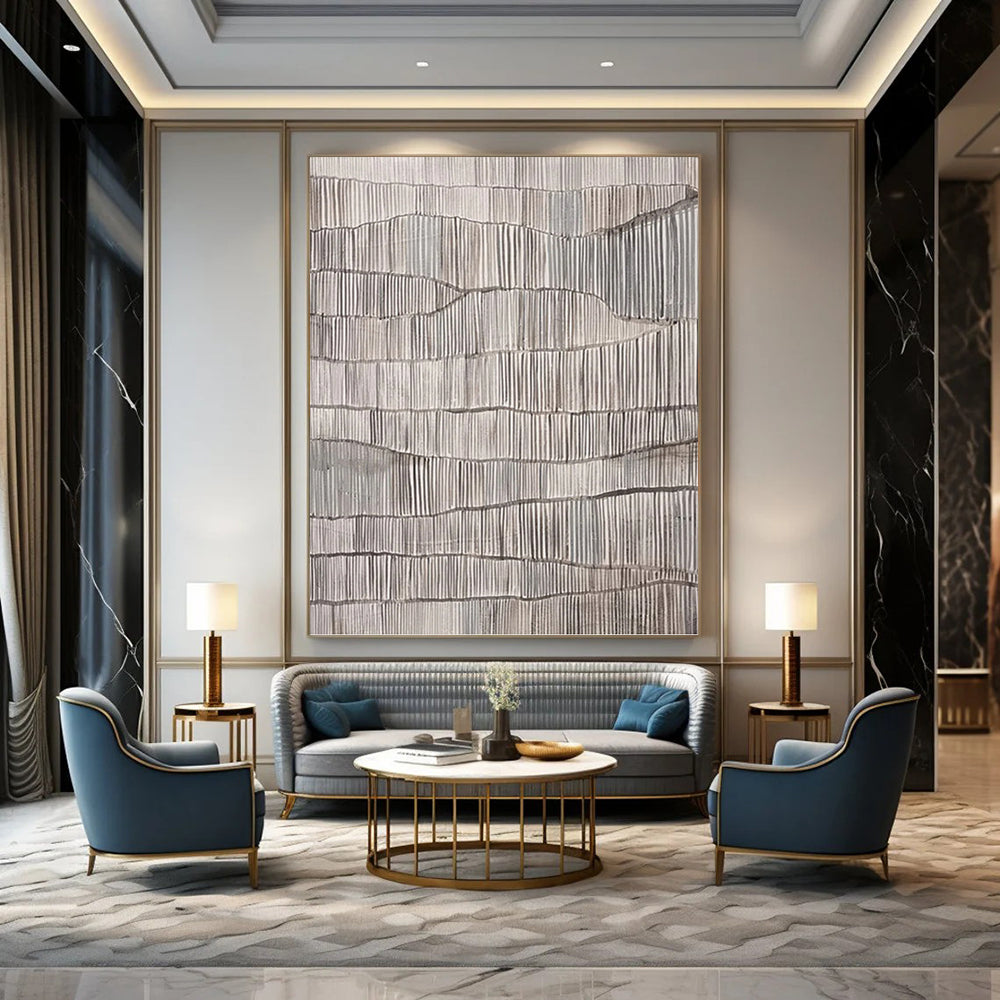 “Repetitive Gray Ridges” - Gray & White Minimalist Textured Painting On Canvas DKH1034