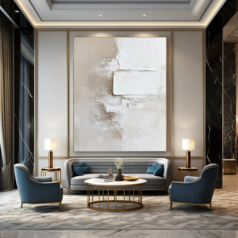 “White & Beige Layered Plaster Abstract” Painting On Canvas DKH0978