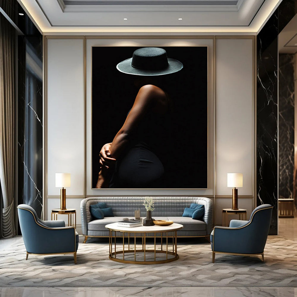 “Black Silhouette of a Woman in Hat” - Figurative Painting On Canvas DKH1606