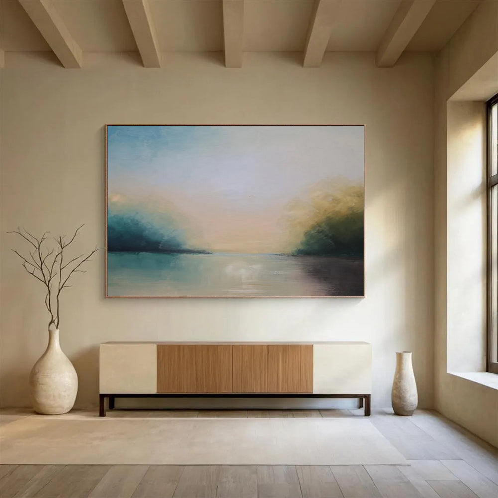 “Blue, Green, Soft - Toned ‘Tranquil River’” - Abstract Landscape Painting On Canvas DLZ014