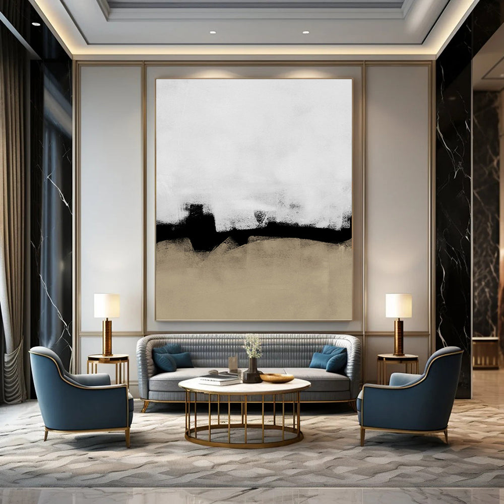 “Black - White - Beige Abstract” - Black, White & Beige Subtle Painting On Canvas DKH0965
