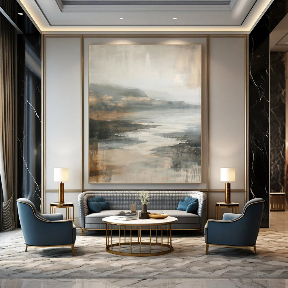 “Muted Tonal Landscape” - Gray, Brown & Beige Impressionistic Seaside Painting On Canvas DKH1001