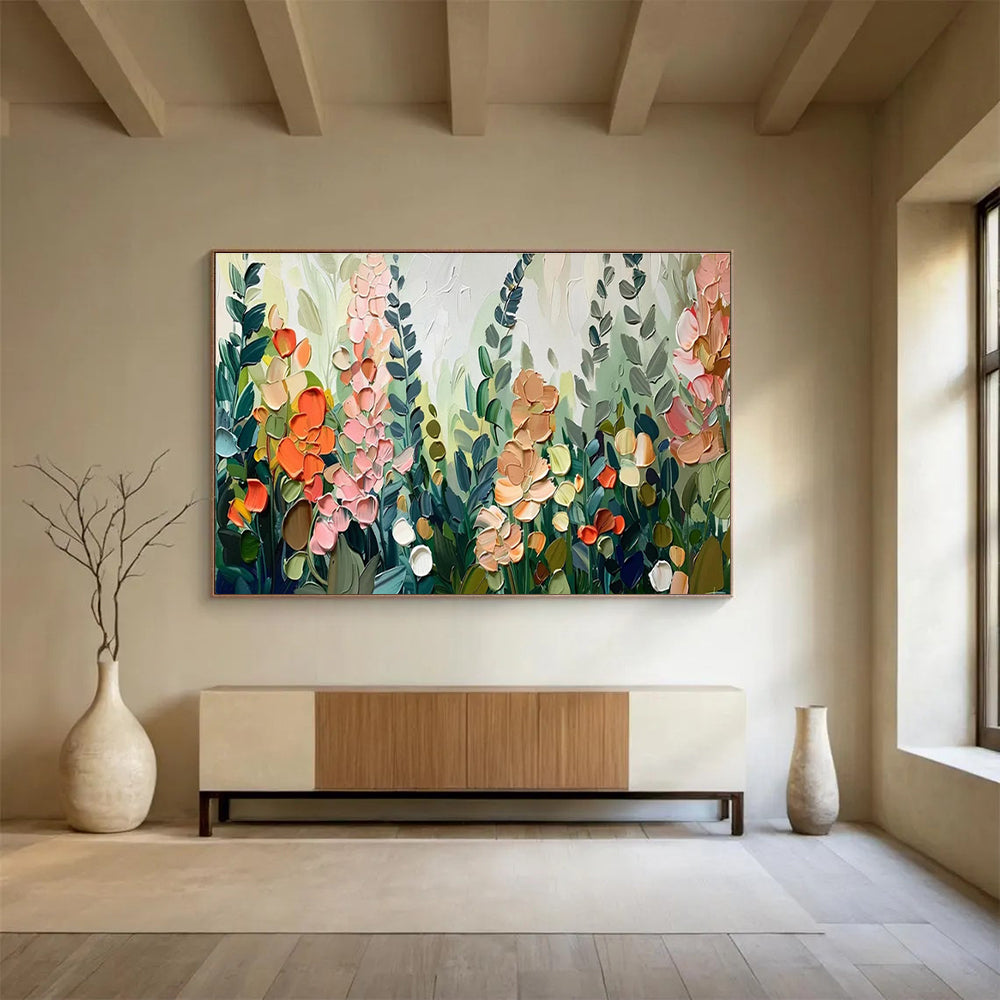 “Colorful Impasto Floral Field” - Textured Botanical Painting On Canvas DKH801