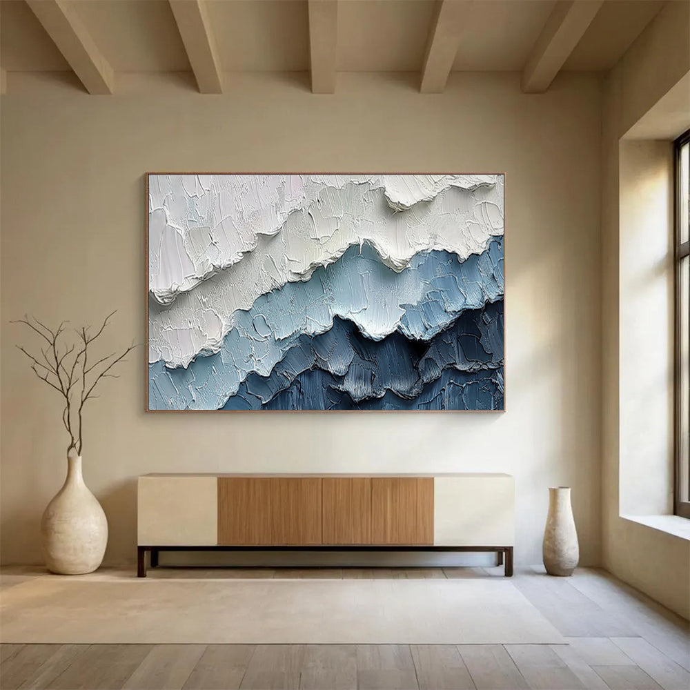 3D Textured Mountain Ranges - Blue and White Impasto Layers Painting On Canvas DKH049