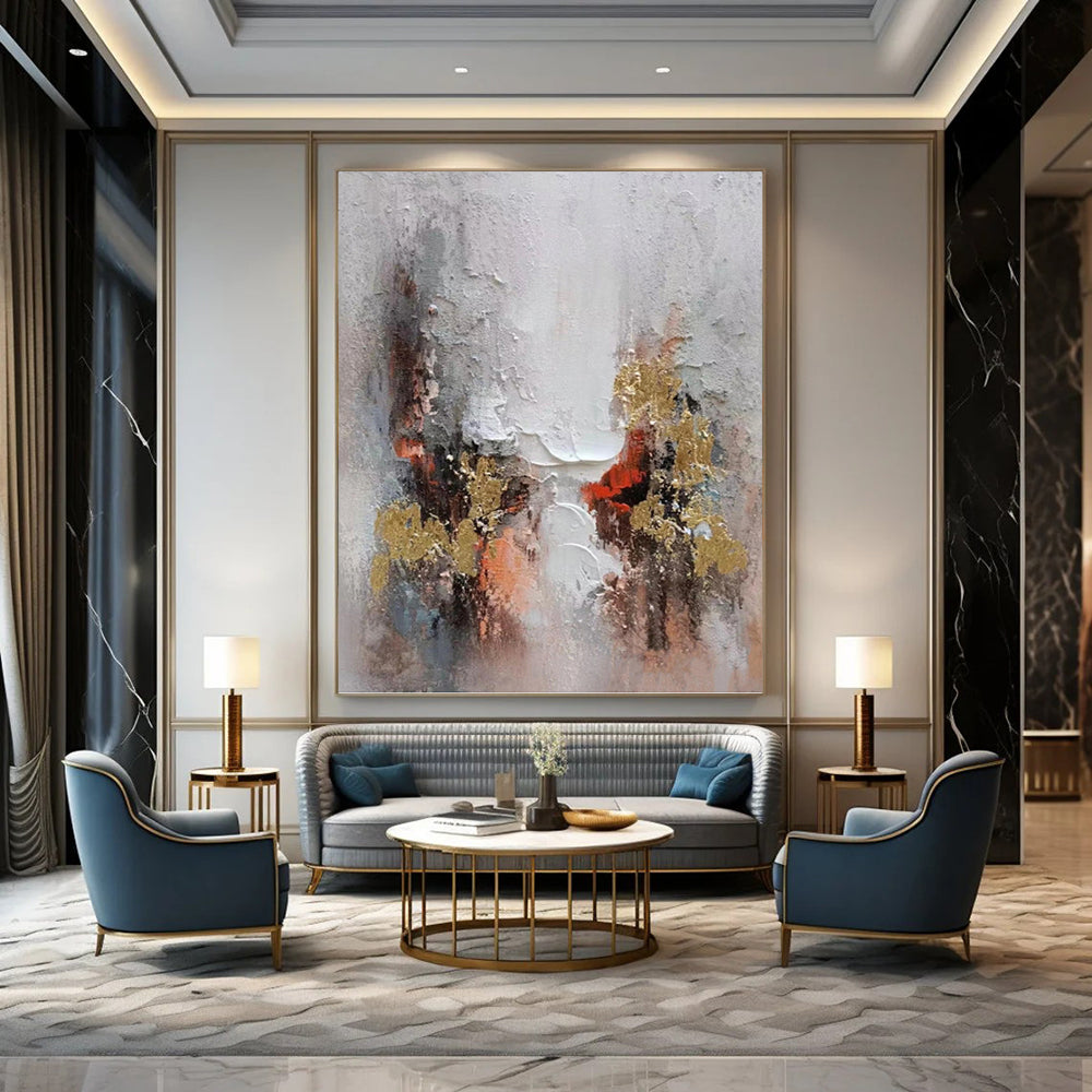 “Gilded Impasto” - Gray, Gold & Red Textured Abstract Painting On Canvas DKH1168