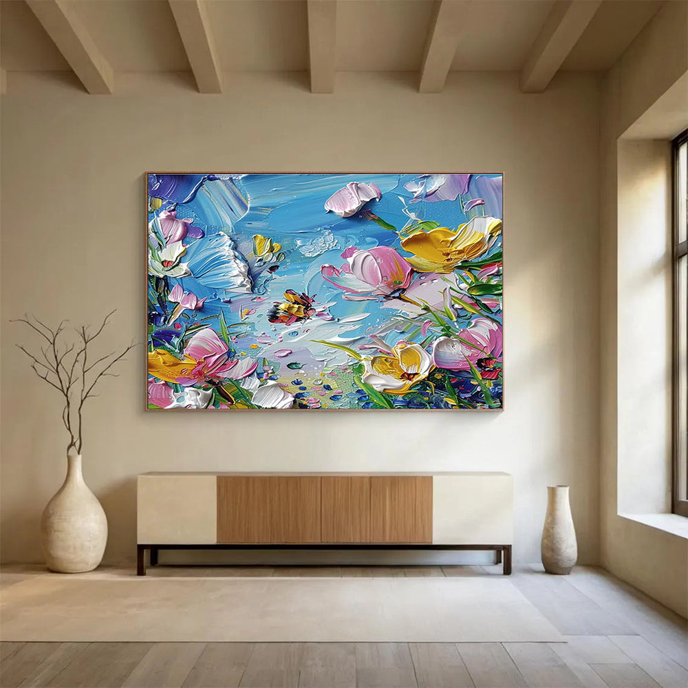 “Textured Floral Bee” - Lively Botanical Painting On Canvas DKH834