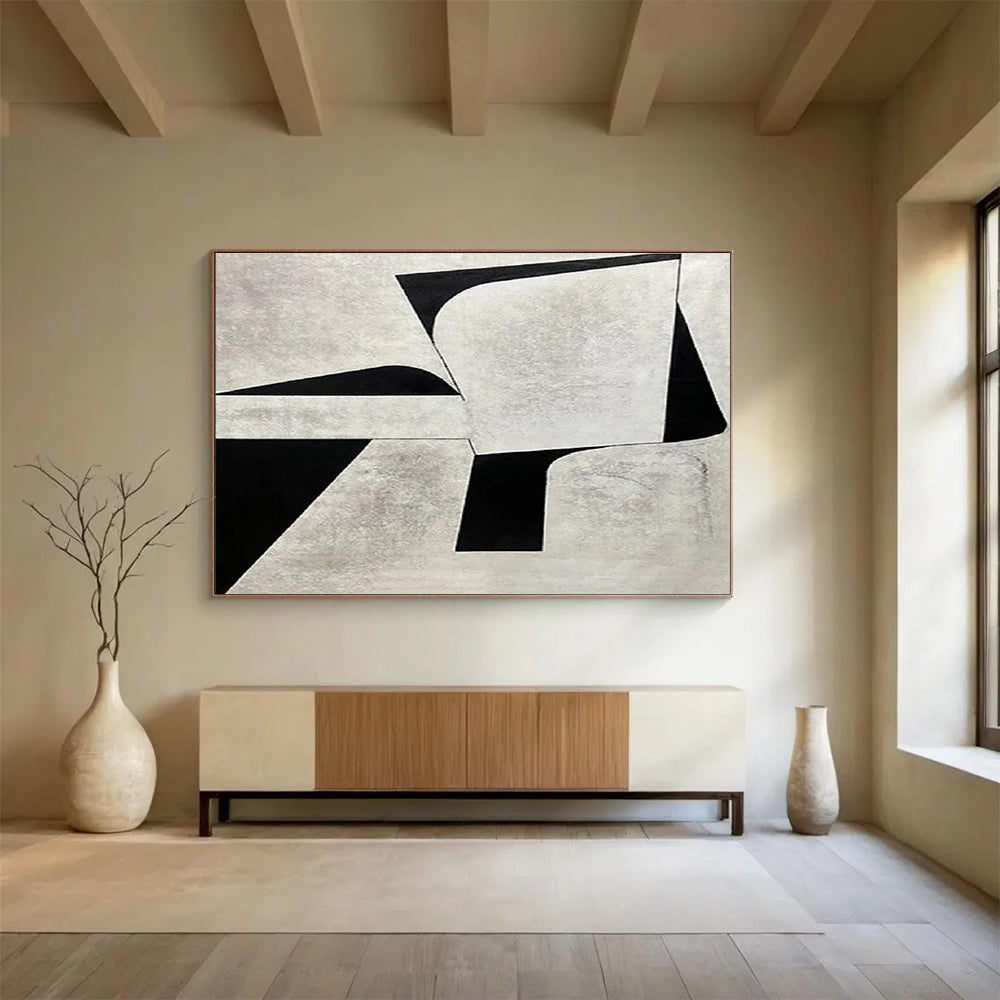 Monochrome Geometric Contrast in Gray and Black, Abstract Cubist - Inspired Painting On Canvas DKH582