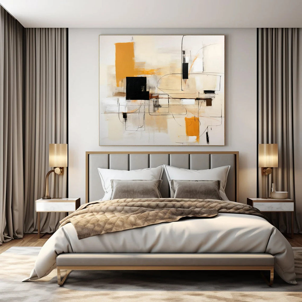 Beige, Orange, Black & White Geometric Abstraction - "Linear Harmony" - Abstract Acrylic Painting CT1461