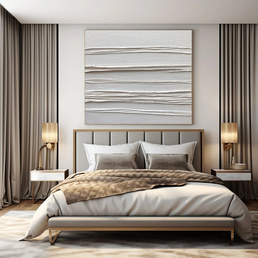 White Textured Linear Abstraction - Minimalist Textured Acrylic On Canvas CT1347