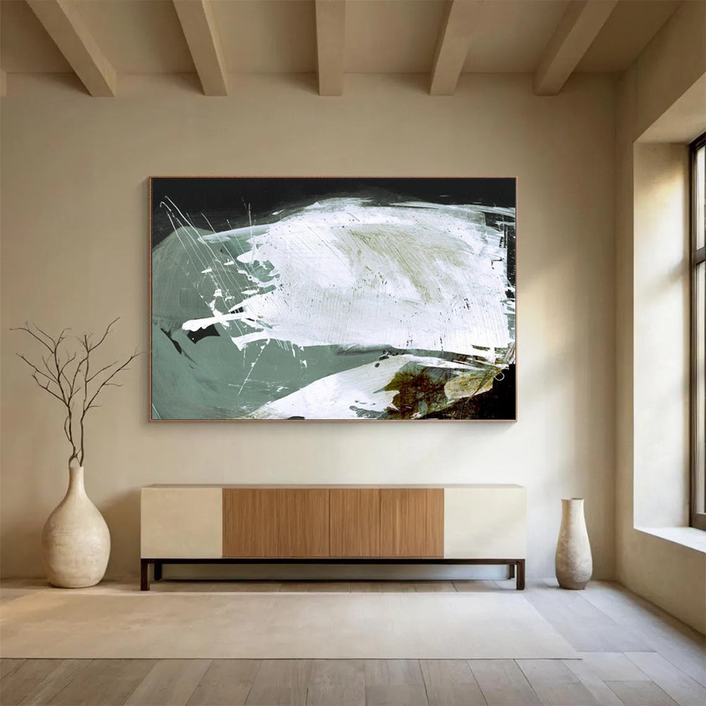 “Dynamic White and Green Strokes” Abstract Expressionist Painting On Canvas DLZ133