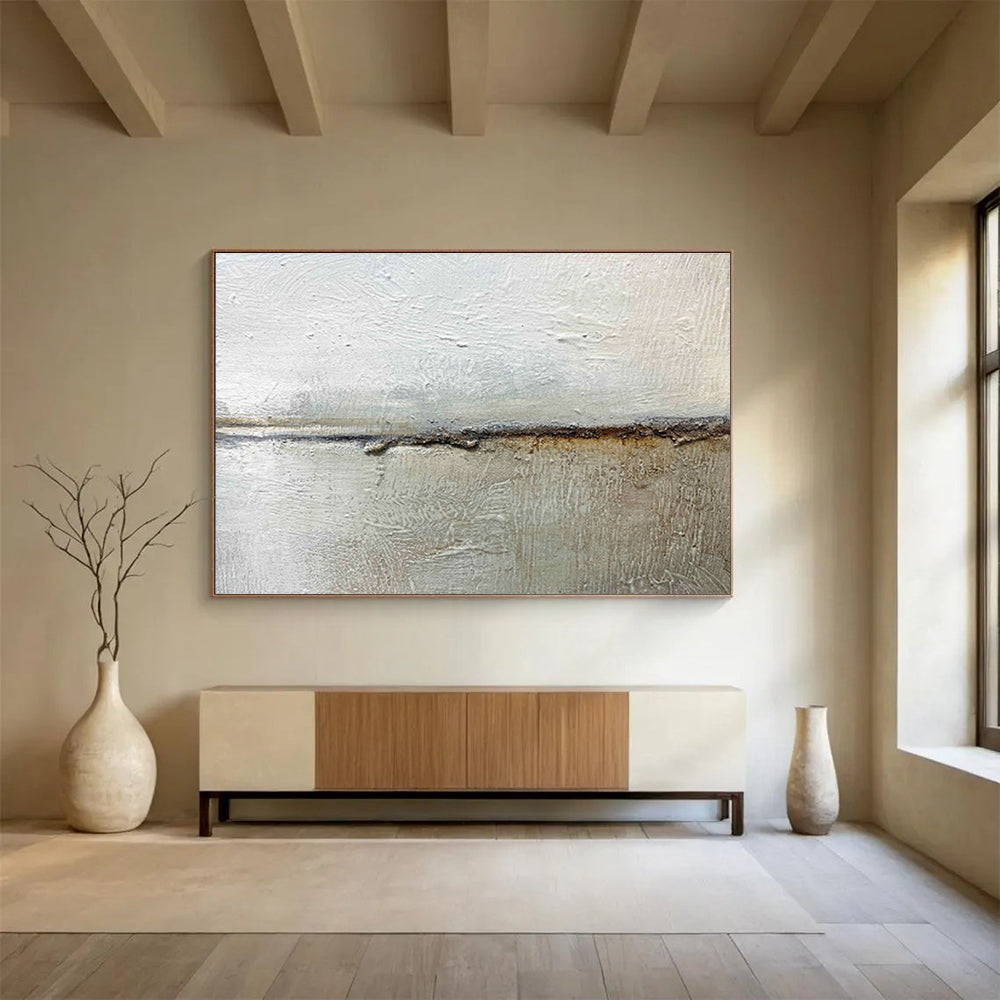 “Textured Neutral Divide” - White, Gray, Brown Minimalist Abstract Painting On Canvas DKH754