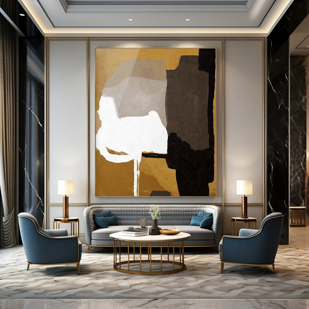“Geometric Color Blocks” - Gold, Gray, White, Black Abstract Painting On Canvas DTP236