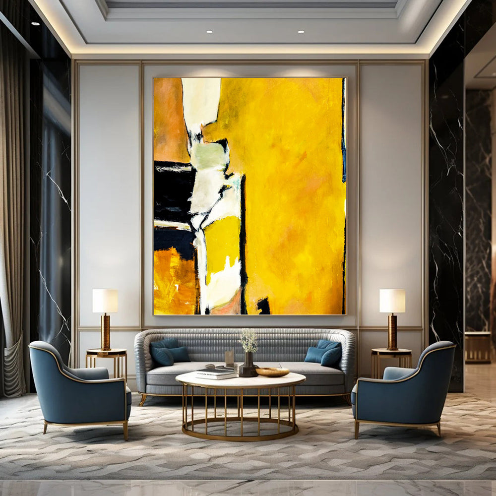 “Yellow - Focused Abstract with Black and White Contrasts” - Bold Abstract Painting On Canvas DKH1101