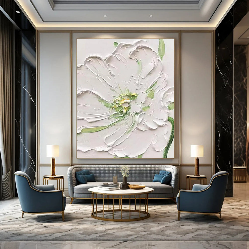 White Flower with Green Accents - Textured Floral Painting On Canvas DKH1398