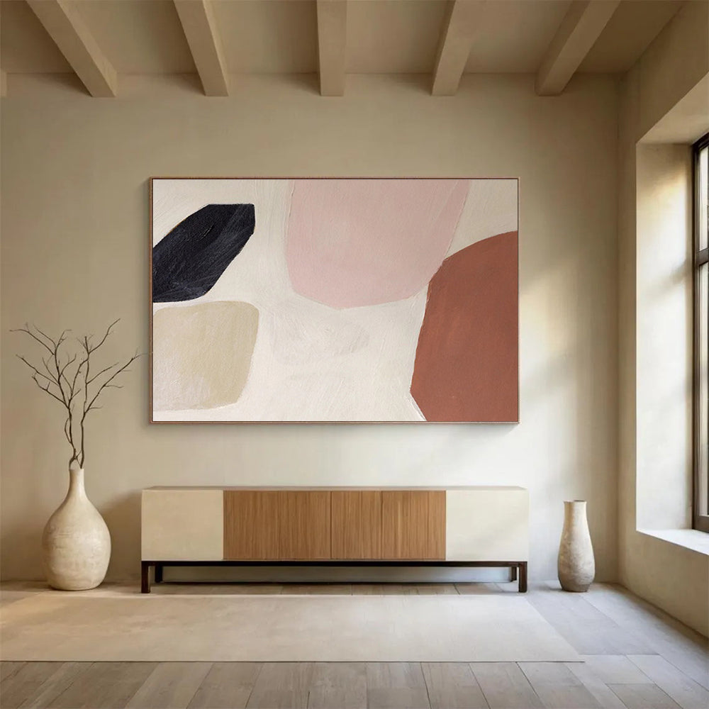 Muted Urban Abstract in Gray, Pink, and Teal, Minimalist Cityscape Painting On Canvas DKH578