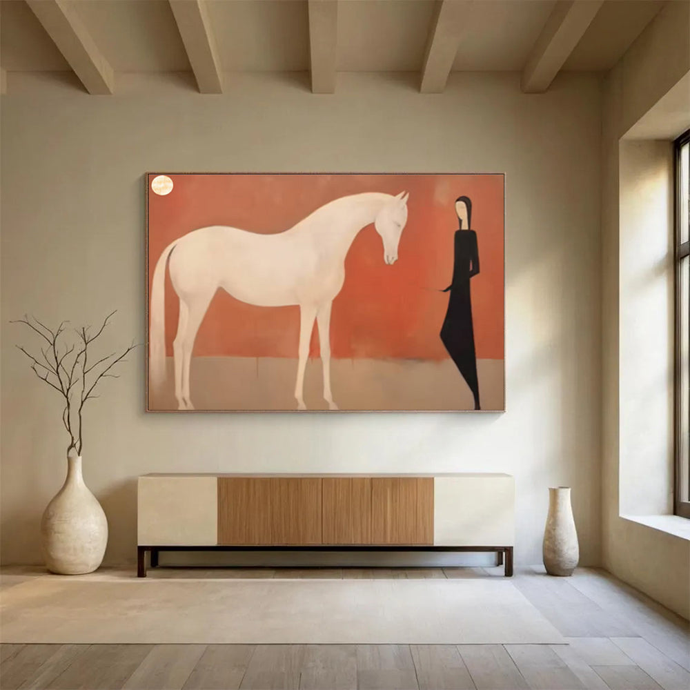 “Moonlit Companions” - White, Black, Red Figurative Oil Painting On Canvas DKH730