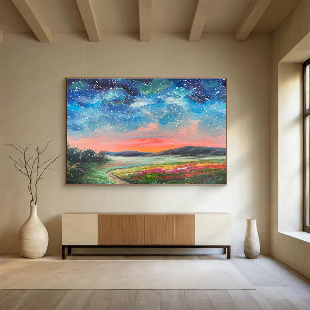 Starry Sky and Colorful Field “Enchanted Night Landscape” Painting On Canvas DKH122