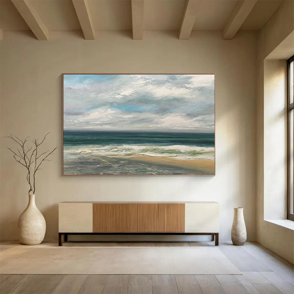 “Blue, Green, Cloudy Seaside ‘Serene Coastal Day’” - Impressionist Seascape Painting On Canvas DLZ021
