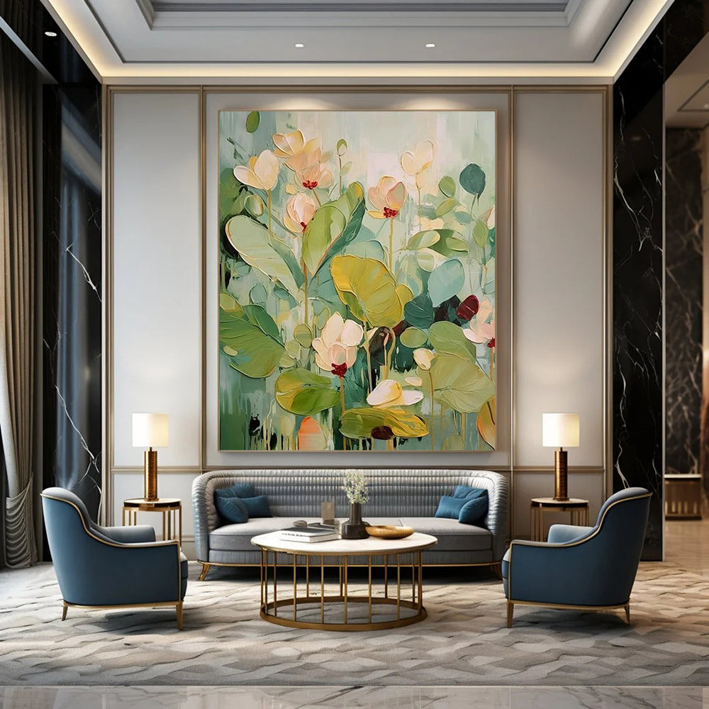 “Green, Beige, Yellow Floral ‘Botanical Dream’” - Impasto Flower Painting On Canvas DTP319
