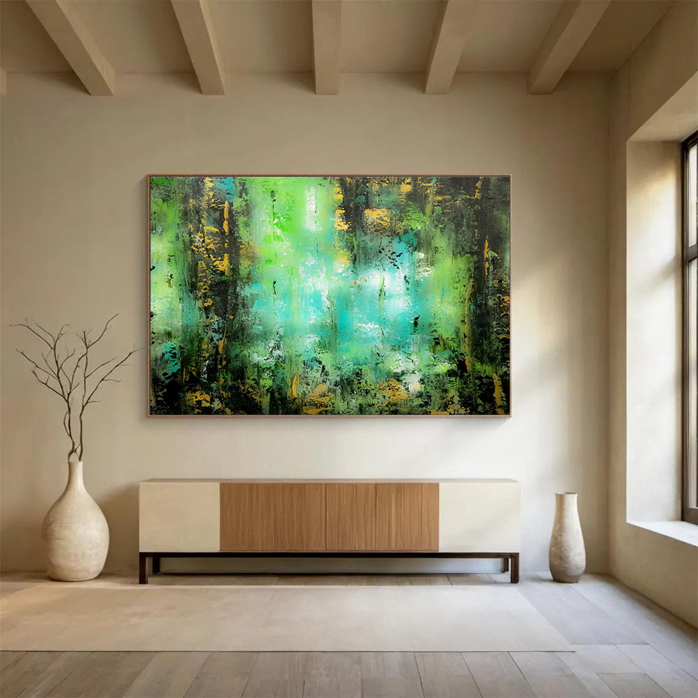 “Emerald & Gold Forest Whispers” - Green, Blue & Yellow Abstract Landscape Painting On Canvas DKH921