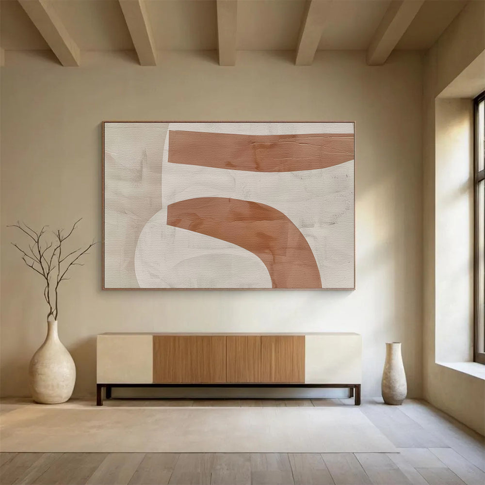 Beige and Brown Abstract “Earthy Curved Abstraction” Painting On Canvas DKH148