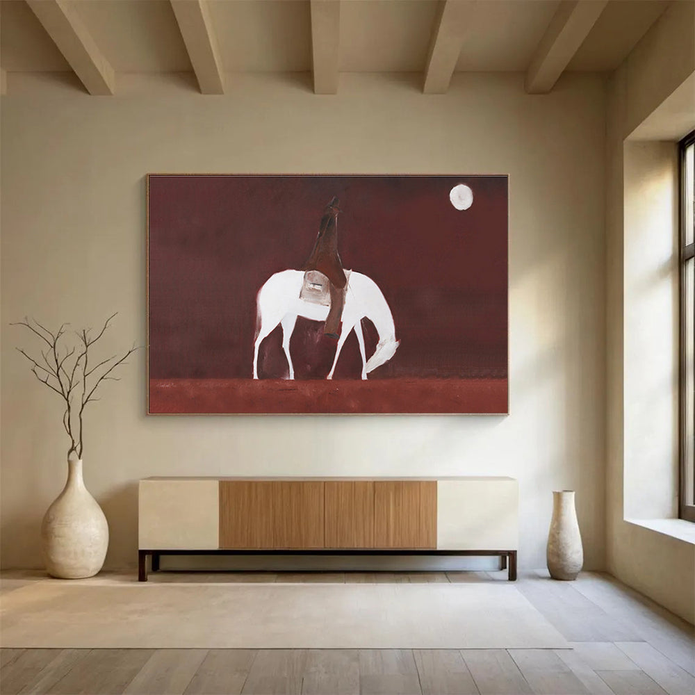 “Moonlit Rider in Rust” - White, Brown, Red Minimalist Figure Painting On Canvas DKH732