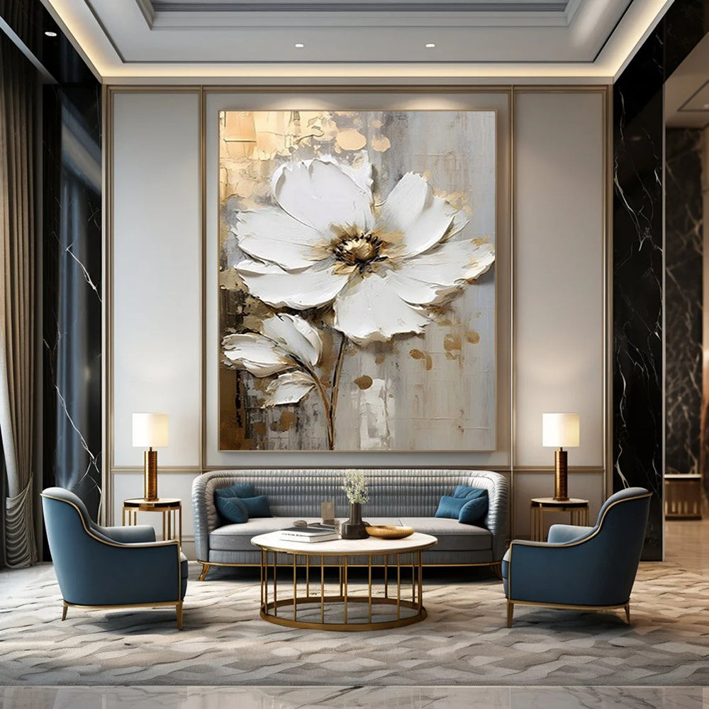 “Textured White Floral” - White, Gold, Gray 3D Flower Painting On Canvas DTP300