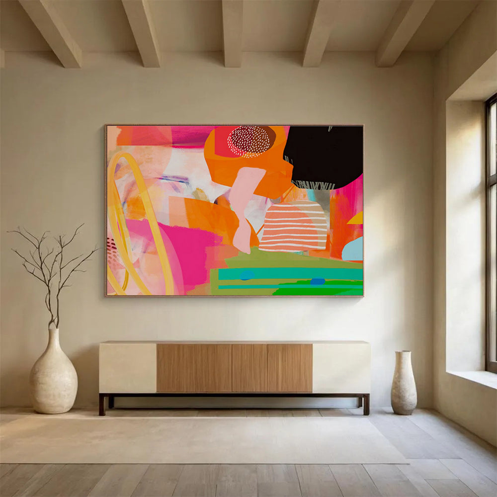 Playful Shapes Carnival Pink Orange Colorful Fun Shapes Painting On Canvas DKH205